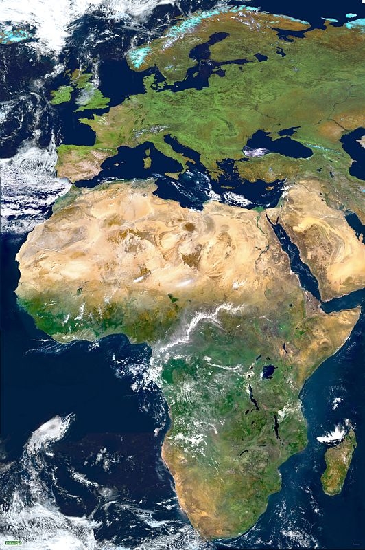 Image satellite de l&#039;Afrique obtenue par l&#039;assemblage de 18 segments pris par l&#039;instrument Végétation, embarqué sur le satellite d&#039;observation de la Terre Spot 4 durant l&#039;hiver 2001-2002. Crédits : CNES/distribution Spot Image.