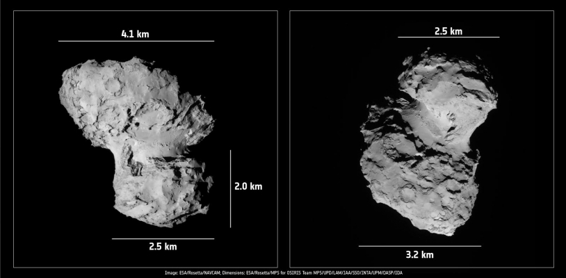 Les dimensions principales du noyau bilobé de la comète 67P (images prises le 19 août 2014 par la caméra de navigation). Crédits : ESA/Rosetta/NavCam/OSIRIS.