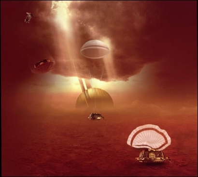 Artist’s impression of the Huygens lander in Titan’s atmosphere. Credits: ESA