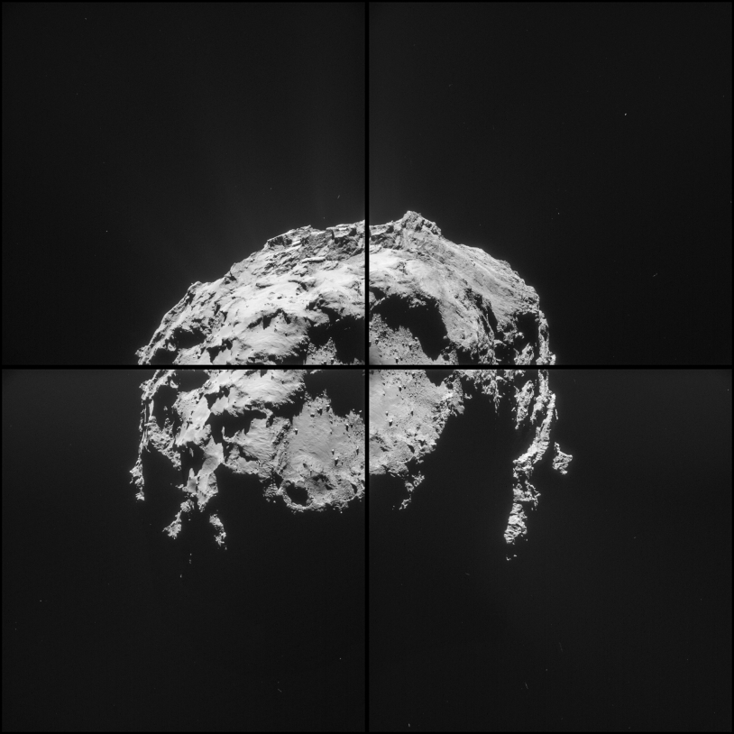 Séquence de 4 images réalisée par la caméra de navigation de Rosetta, le 14 février 2015 à 4h32 TU, à 35 km de distance du centre du noyau ; résolution de 3 m/pixel. Le petit lobe est au premier plan. Crédits : ESA/Rosetta/NAVCAM – CC BY-SA...